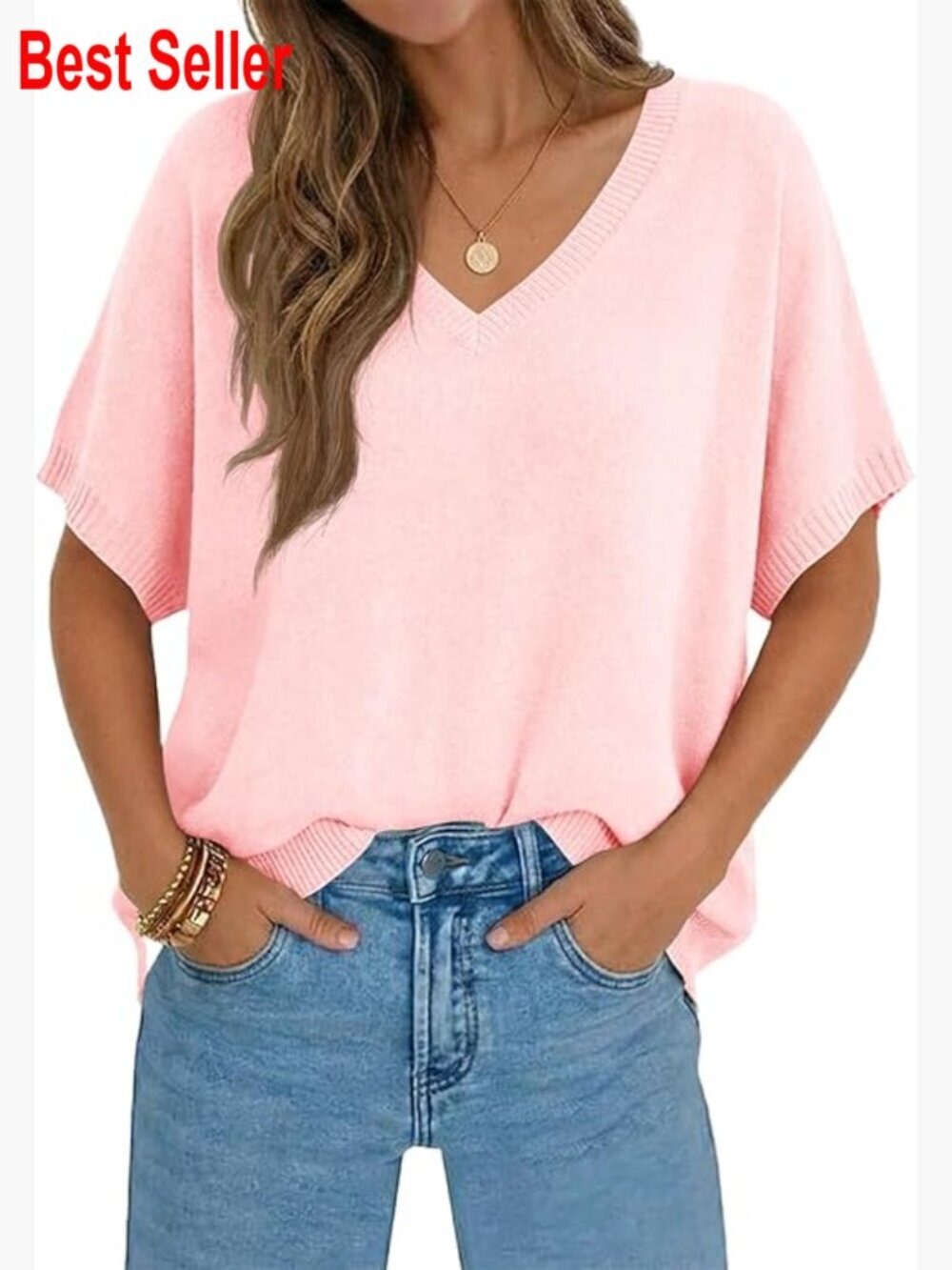 Oversized Batwing Short Sleeve V-Neck Lightweight Knit Pullover Top